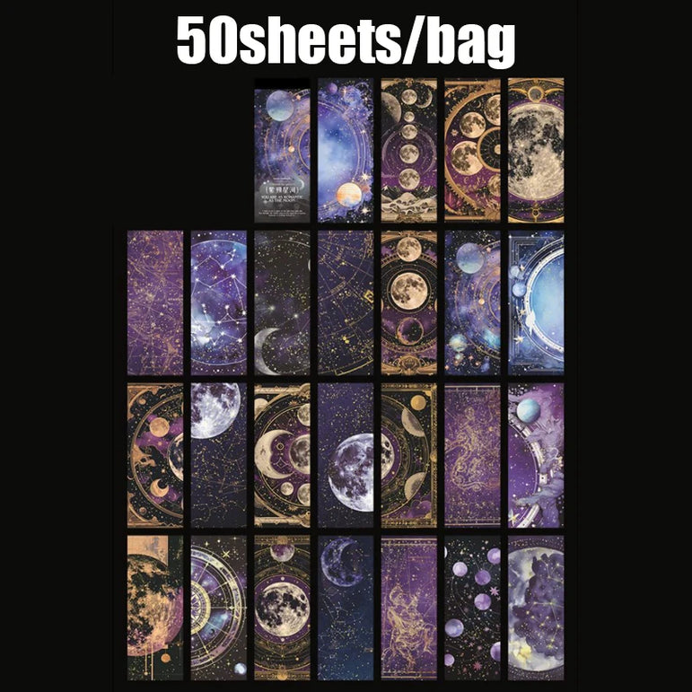 50pcs/bag moon phase theme stamping material book moon earth planet landscape material paper DIY handbook decoration cardstock