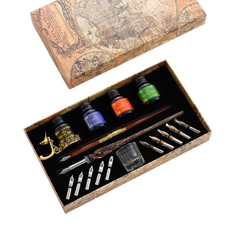 European Dip Pen Fountain Retro Starry Sky Glass Ink Calligraphy Student Writing Exquisite Stationery Dip Pen Sets Gift