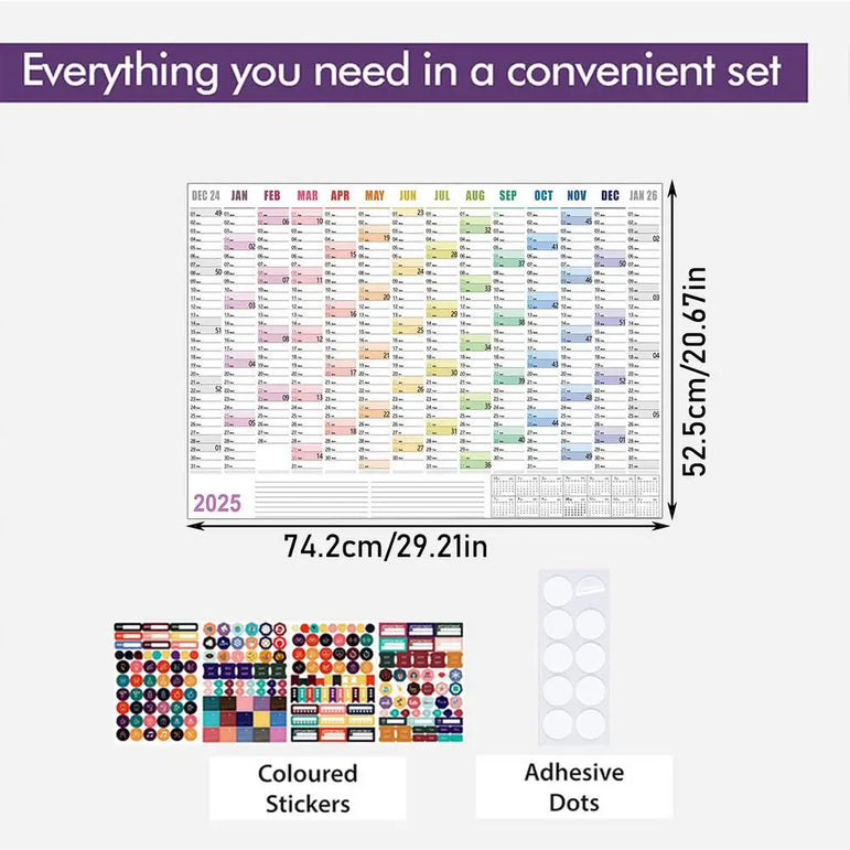 2025 Wall Calendar Full Year Large Size Paper With Kawaii Sticker Tape Yearly Weekly Planner Target List Home Office Supplies