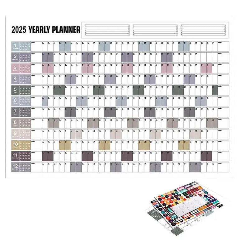 Yearly Planner 2025 Annual Year Wall Calendar with Stickers Horizontal Thick Paper Poster Calendar Schedule Organizer Planner