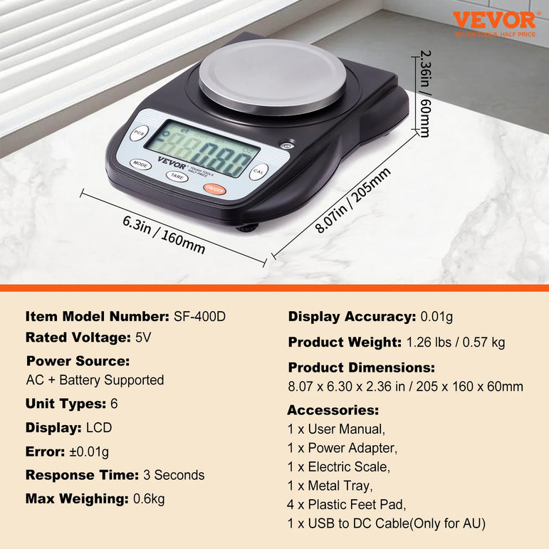 VEVOR Analytical Balance 600x 0.01g Accuracy High Precision Lab Scale LCD Display Digital Jewelry Weighing Scale for Lab Jewelry