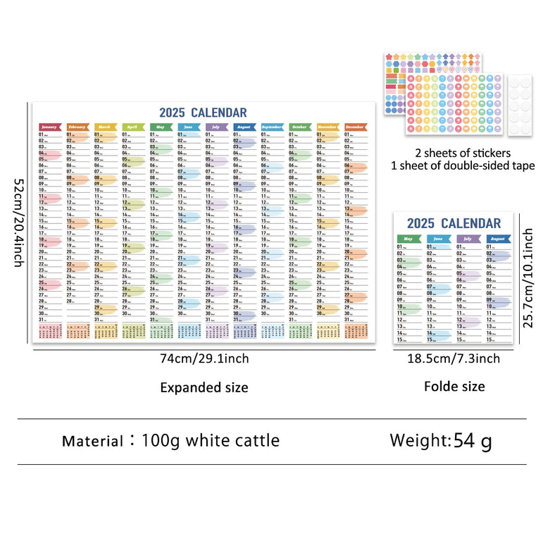 1 pc 2025 Colorful Large Size Paper Wall Calendar With Stickers And Tapes 365 Days Calendar Of The Year Planner Memo Schedules