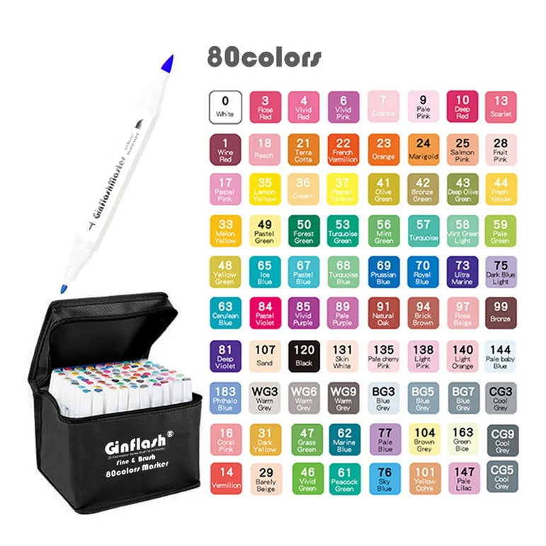 Ginflash Brush & Fine Comic Art Markers Brush Pen Sketch Alcohol Based Markers Dual Head Manga Drawing Art Supplies DP080