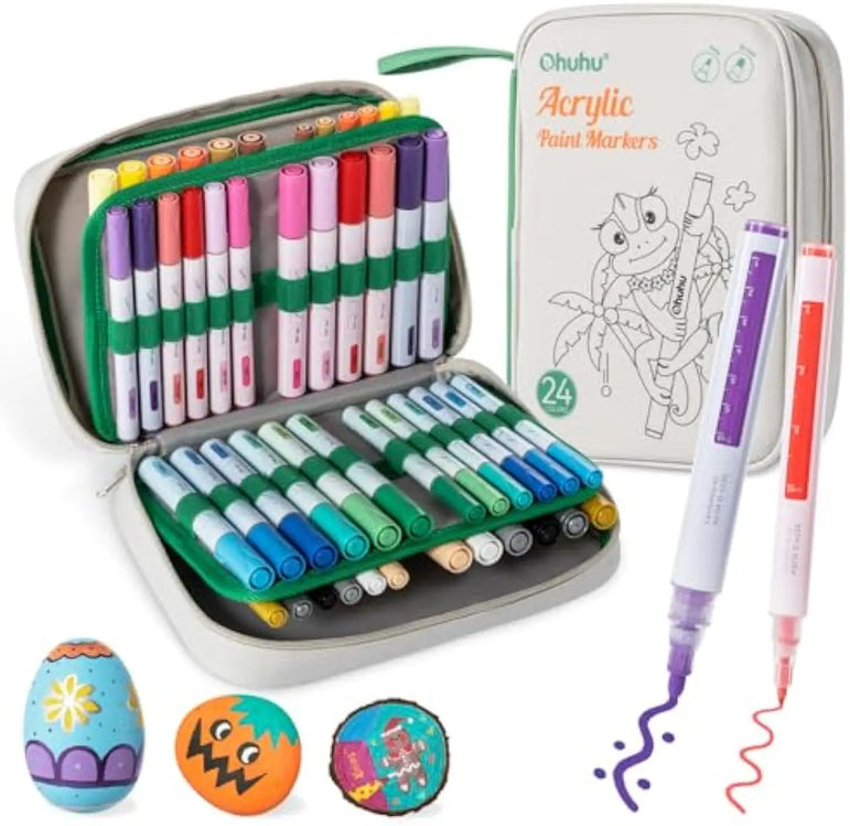 Ohuhu Acrylic Paint Markers 48 Paint Pens Reversible Tip Acrylic Markers Waterproof for Rock Painting Easter Egg Wood Plastic