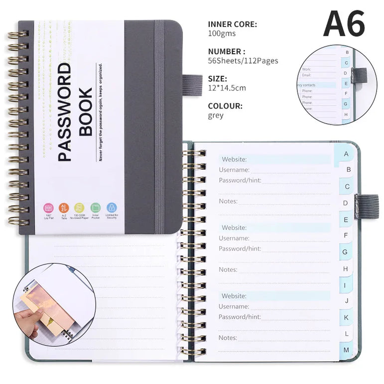 Spiral Password Keeper Book 56 Sheets Alphabetical Tabs Notebook PU Leather Cover Pen Holder Secure Internet Password Organizer