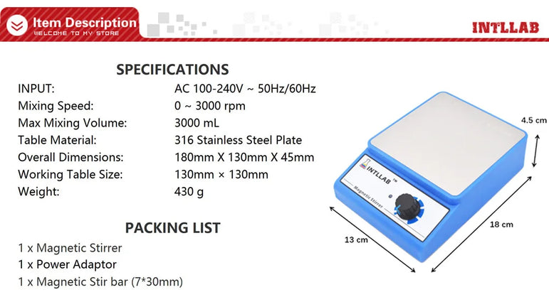 INTLLAB Magnetic Stirrer Magnetic Mixer with Stir Bar 3000 rpm Max Stirring Capacity: 3000ml