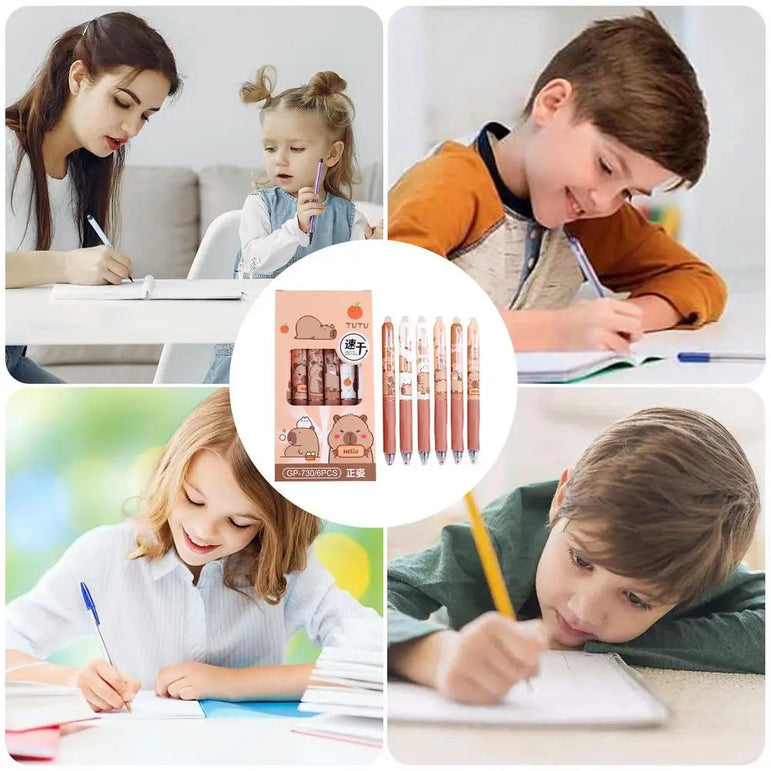 6Pcs Cute Cartoon Capybara Retractable Erasable Pens Cute Capybara Pens Nibs Blue Ink Writing Supplies Aesthetic Stationery