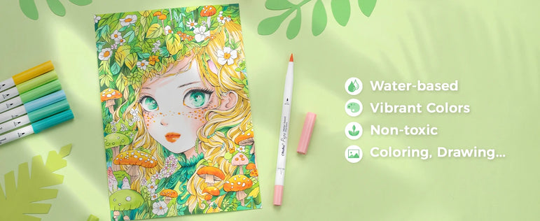 Ohuhu Markers Paper-friendly Water-based Coloring Markers Dual Brush Fineliner Tips Markers Coloring Books Art Markers Beginner