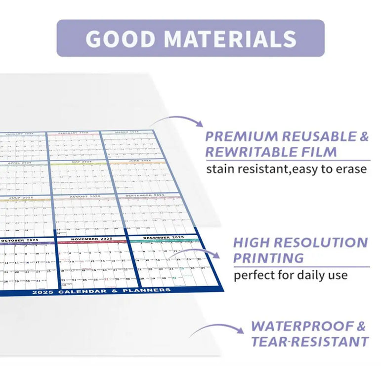 2025 Erasable Large Wall Calendar Double-sided Dry and Wet Erasable 12-month Annual Yearly Calendar for Work planner Schedule