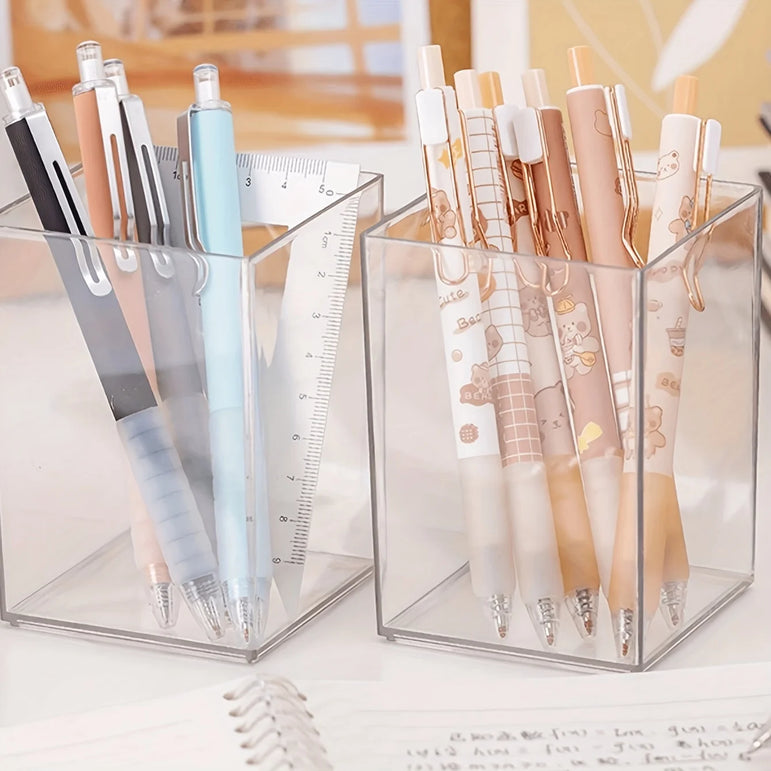 1/2pcs Acrylic Square Pen Holder, Minimalist Clear Desk Organizer for Pens, Pencils, and Stationery, Home, and Office Use