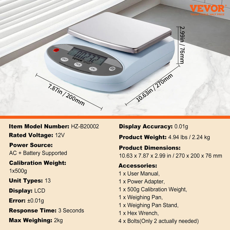 VEVOR Analytical Balance 600x 0.01g Accuracy High Precision Lab Scale LCD Display Digital Jewelry Weighing Scale for Lab Jewelry