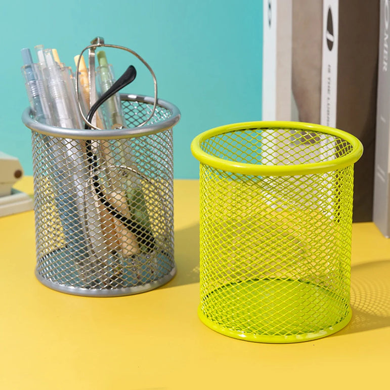 1Pcs Pencil Holder Office Desk Metal Mesh Square Round Pen Pot Cup Case Container Organiser Durable Pencil Case