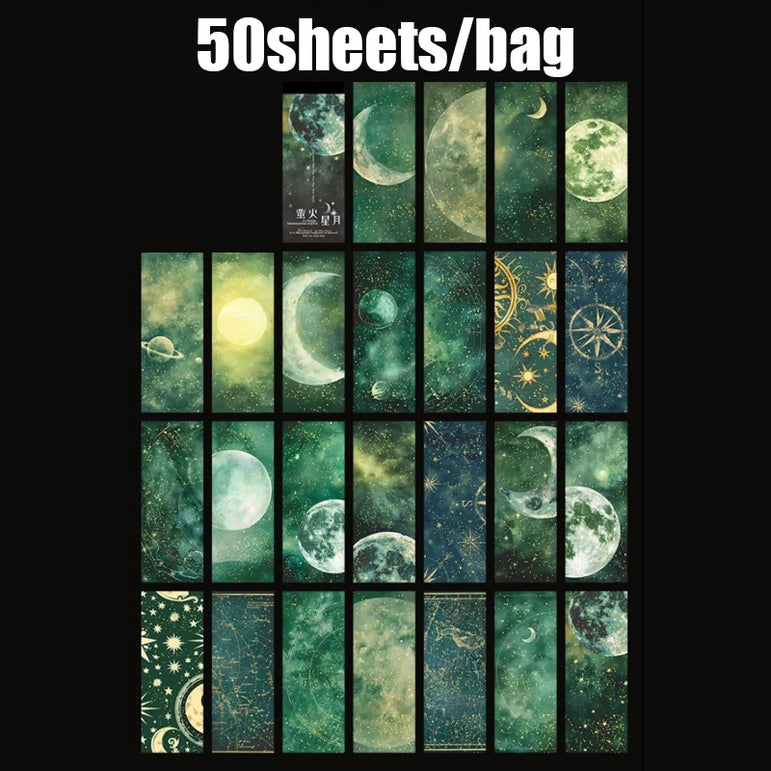 50pcs/bag moon phase theme stamping material book moon earth planet landscape material paper DIY handbook decoration cardstock