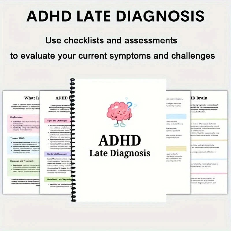 ADHD Late Diagnosis Planner Worksheets for Adults - Brain Illustration Cover, Overcome Procrastination & Problem Solving Tools