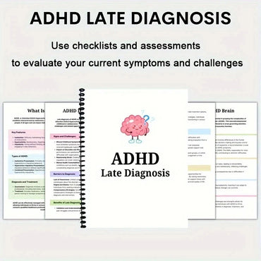 ADHD Late Diagnosis Planner Worksheets for Adults - Brain Illustration Cover, Overcome Procrastination & Problem Solving Tools