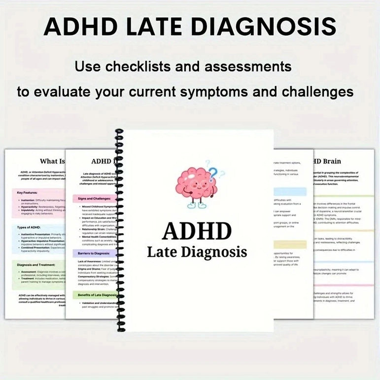 ADHD Late Diagnosis Planner Worksheets for Adults - Brain Illustration Cover, Overcome Procrastination & Problem Solving Tools
