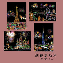 4 Pcs Magic Scratch Paper, City Night Scene Clip Art, Hot Air Balloon, Eiffel Tower, Adult Stress Relief Toy, Creative Gift