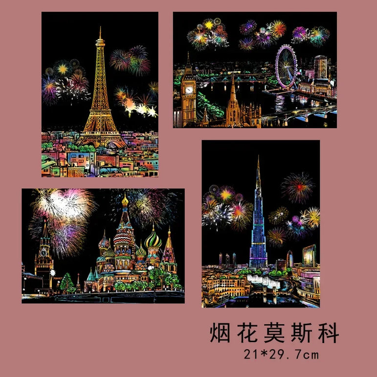 4 Pcs Magic Scratch Paper, City Night Scene Clip Art, Hot Air Balloon, Eiffel Tower, Adult Stress Relief Toy, Creative Gift