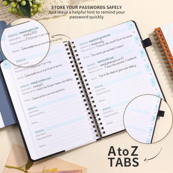 Spiral Password Keeper Book 56 Sheets Alphabetical Tabs Notebook PU Leather Cover Pen Holder Secure Internet Password Organizer