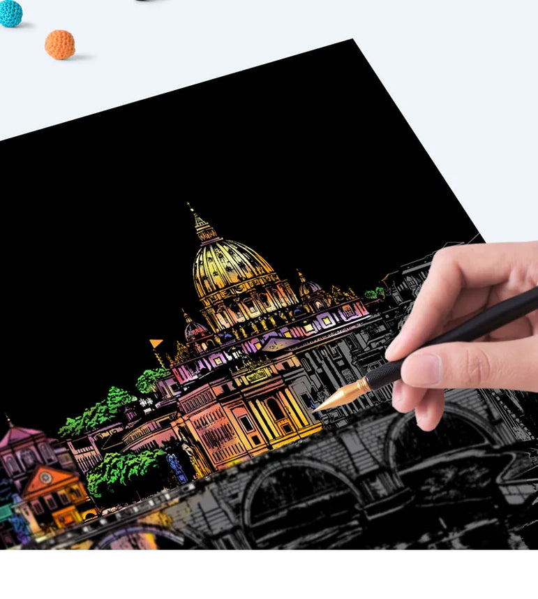 4 Pcs Magic Scratch Paper, City Night Scene Clip Art, Hot Air Balloon, Eiffel Tower, Adult Stress Relief Toy, Creative Gift