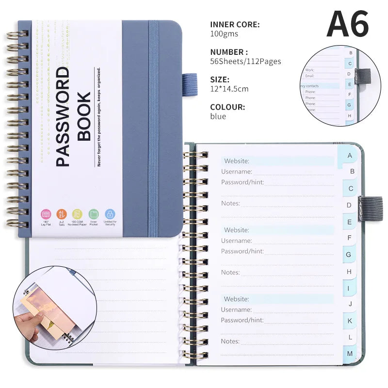 Spiral Password Keeper Book 56 Sheets Alphabetical Tabs Notebook PU Leather Cover Pen Holder Secure Internet Password Organizer