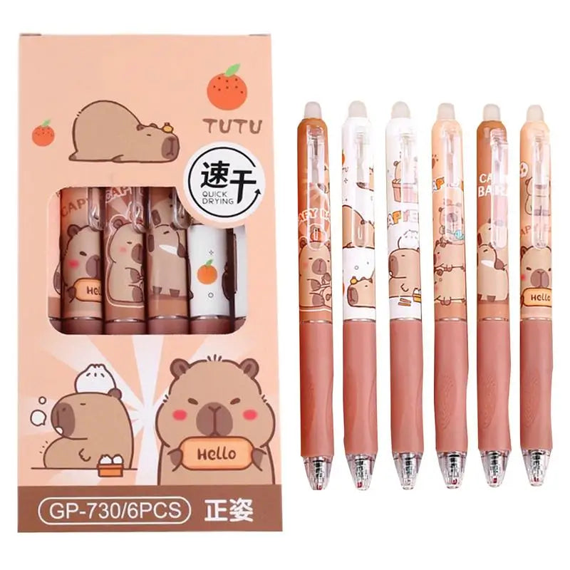 6Pcs Cute Cartoon Capybara Retractable Erasable Pens Cute Capybara Pens Nibs Blue Ink Writing Supplies Aesthetic Stationery