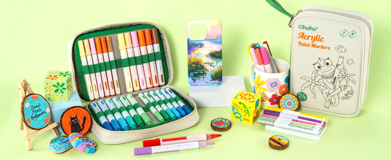 Ohuhu Acrylic Paint Markers 48 Paint Pens Reversible Tip Acrylic Markers Waterproof for Rock Painting Easter Egg Wood Plastic