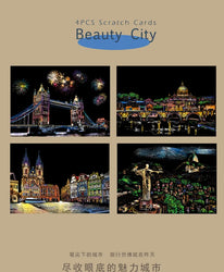 4 Pcs Magic Scratch Paper, City Night Scene Clip Art, Hot Air Balloon, Eiffel Tower, Adult Stress Relief Toy, Creative Gift