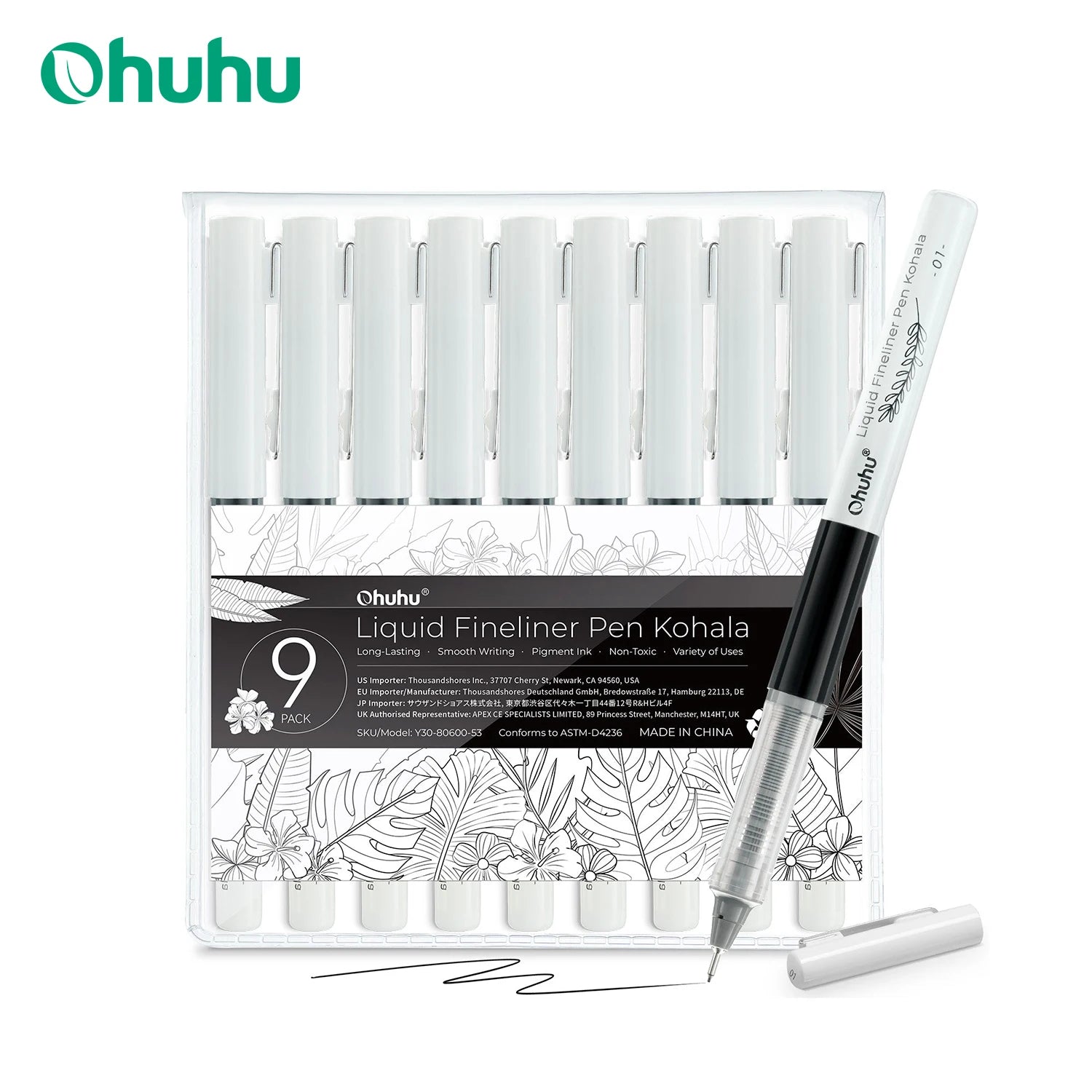 Ohuhu Micro Pen Liquid Fineliner Drawing Pens 9 Pack Line Pens Art Colored Pens Fine Point Markers Waterproof Writing Sketching