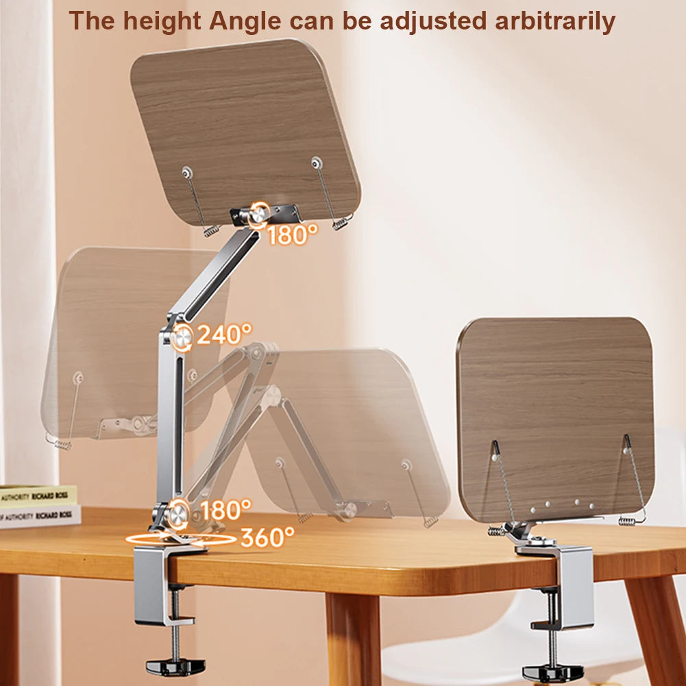 Book Stand for Reading Adjustable with 360° Rotating Base with Elastic Page Clip for Recipe Cookbooks Magazines Tablets Laptops