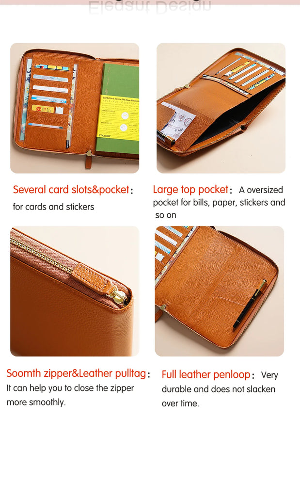 Moterm Genuine Pebbled Grain Leather A5 Zip Cover with Top Pocket Cowhide Planner Zipper Notebook Organizer Agenda Journal Diary