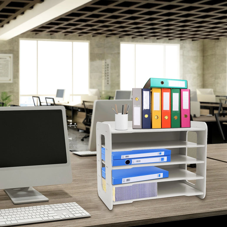 Wood File Organizer, 5 Trays Paper Sorter for Office Supplies Desk Organizer, Length 34cm/13.39in, White