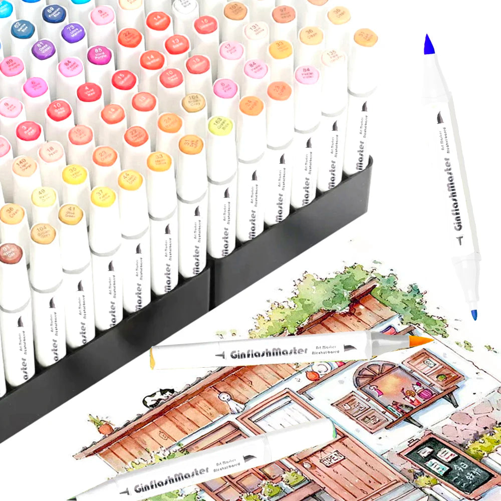 Ginflash Brush & Fine Comic Art Markers Brush Pen Sketch Alcohol Based Markers Dual Head Manga Drawing Art Supplies DP080