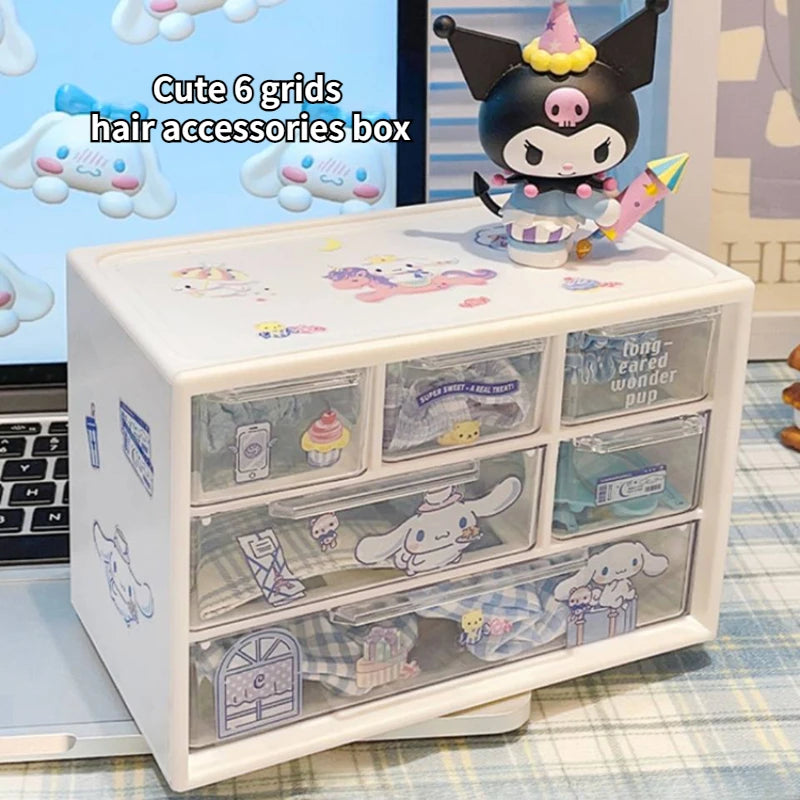 Kawaii MINISO Girls Cinnamoroll Desktop Storage Box Kuromi Melody 6 Grids Drawer-type Stationery Desk Accessories Organizer Box
