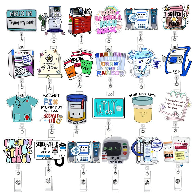 Newest Glitter Acrylic Medical Appliances Hospital Badge Reel Retractable ID Badge Holder With Ordinary Clip Name Holder