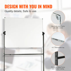 SucceBuy Rolling Magnetic Whiteboard Double-Sided Mobile Whiteboard 360° Reversible Adjustable Height Dry Erase Board for School