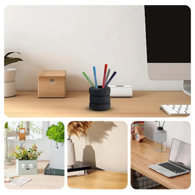 Desk Pencil Holder Organizer Tire-Shaped Desk Pen Holder Makeup Brush Holder Pen Pencil Holder Decorative Pencil Storage