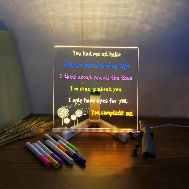 Acrylic Memo Board Dry Erase Board Bedside Lamp Notepad Message Board With 7 Colorful Pen LED Desktop Whiteboard For Kids