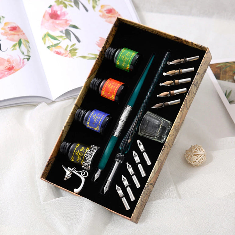 European Dip Pen Fountain Retro Starry Sky Glass Ink Calligraphy Student Writing Exquisite Stationery Dip Pen Sets Gift