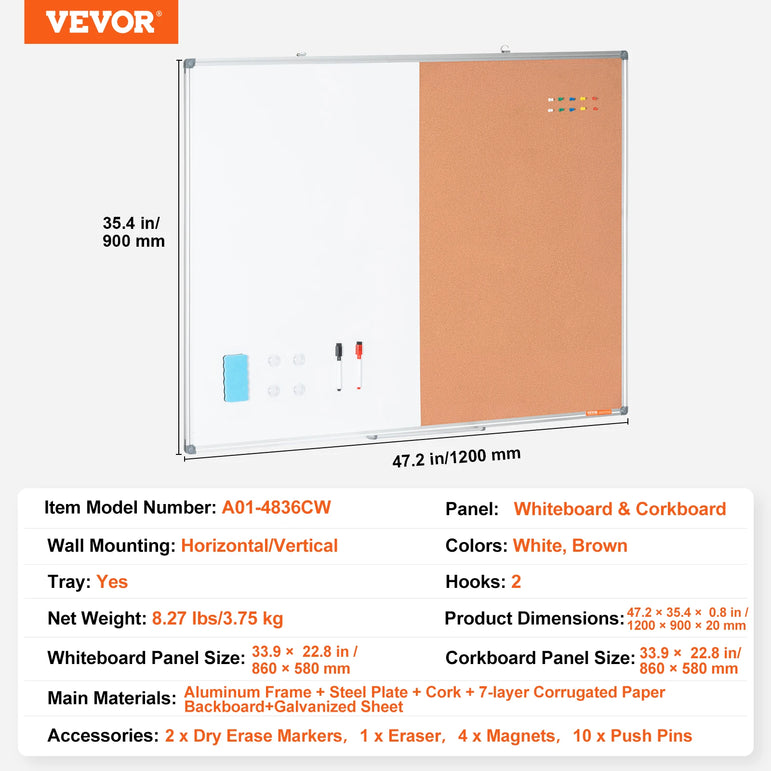SucceBuy Whiteboard&Cork Board 2-in-1 Magnetic Dry Erase/with Linen Surface Bulletin Board for Wall Mount for School Home Office