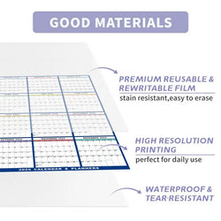 2025 Erasable Large Wall Calendar Double-sided Dry and Wet Erasable 12-month Annual Yearly Calendar for Work planner Schedule