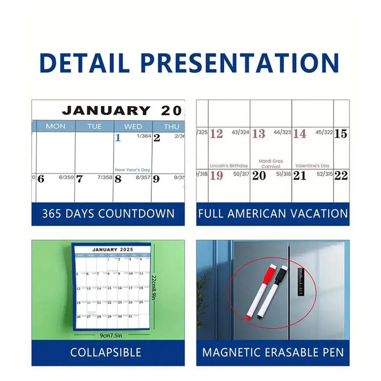 2025 Erasable Large Wall Calendar Double-sided Dry and Wet Erasable 12-month Annual Yearly Calendar for Work planner Schedule