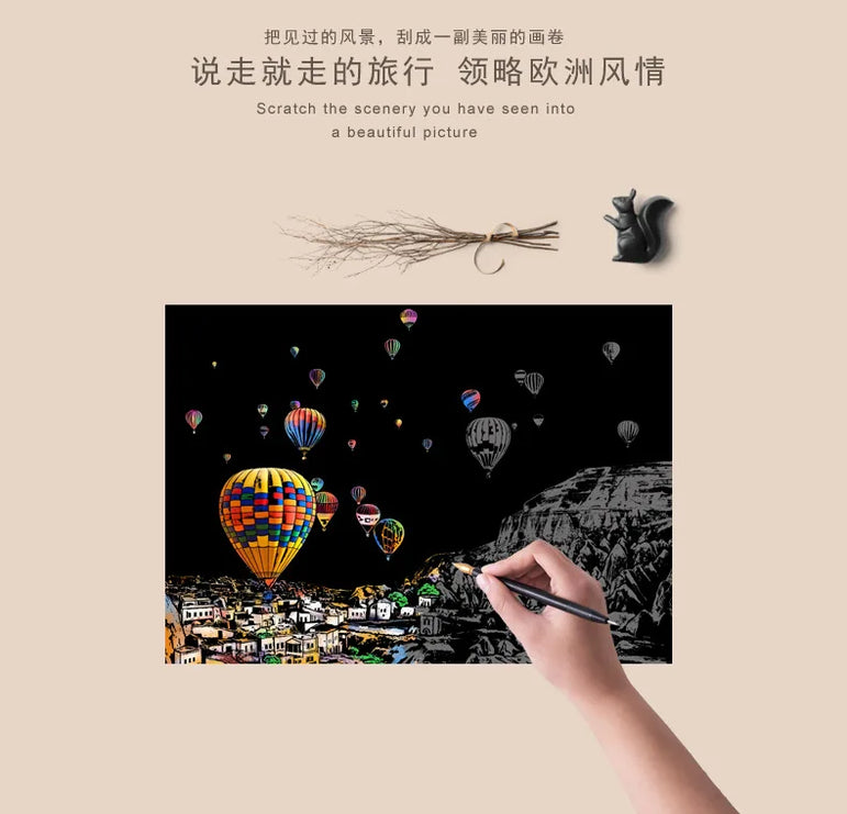 4 Pcs Magic Scratch Paper, City Night Scene Clip Art, Hot Air Balloon, Eiffel Tower, Adult Stress Relief Toy, Creative Gift