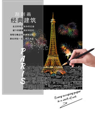 4 Pcs Magic Scratch Paper, City Night Scene Clip Art, Hot Air Balloon, Eiffel Tower, Adult Stress Relief Toy, Creative Gift