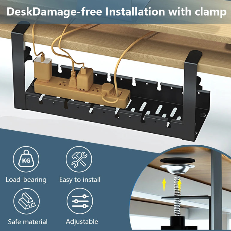 Under Desk Cable Management Tray Clamp Mounted Under Desk Cable Shelf Retractable Cable Storage Rack for Cords Wires Power Strip