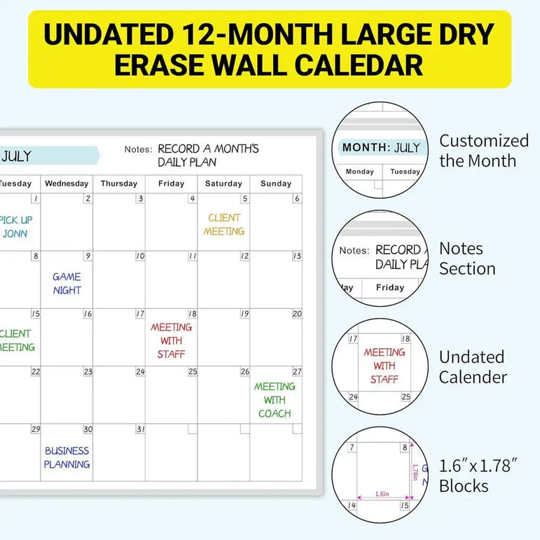 Erasable Large Wall Planner Calendar Huge Wet & Dry Erase Schedule Planner Calendar Giant Erasable Wall Calendar Blank Undated