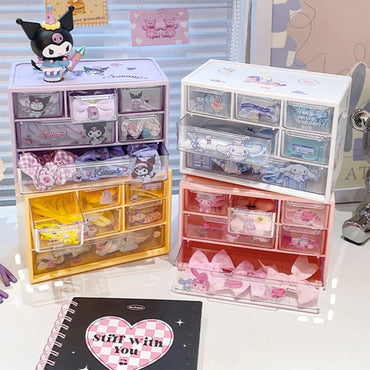 Kawaii MINISO Girls Cinnamoroll Desktop Storage Box Kuromi Melody 6 Grids Drawer-type Stationery Desk Accessories Organizer Box