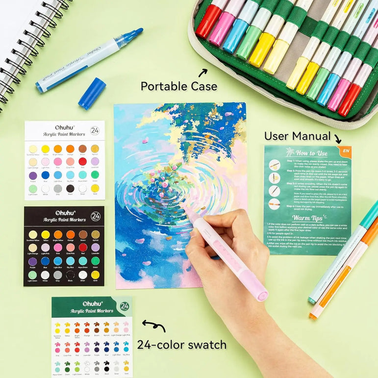 Ohuhu Acrylic Paint Markers 48 Paint Pens Reversible Tip Acrylic Markers Waterproof for Rock Painting Easter Egg Wood Plastic