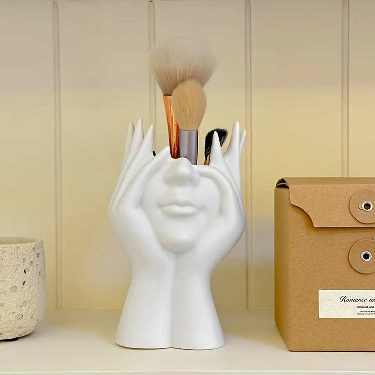 Abstract Face Design Plastic Pen Holder & Makeup Brush Organizer - Multi-Functional Decorative Art Sculpture