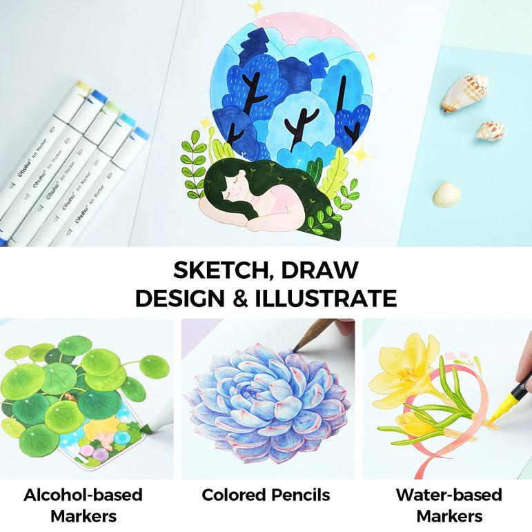 Ohuhu Double Sided Marker Pads Art Sketchbook Bleedproof Glue-Bound Sketching Book for Alcohol Markers Drawing Notebook School